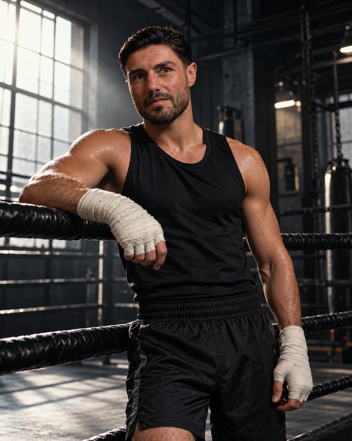 Josh Kelly leaning on the ring ropes in a gym, hand wraps, window light