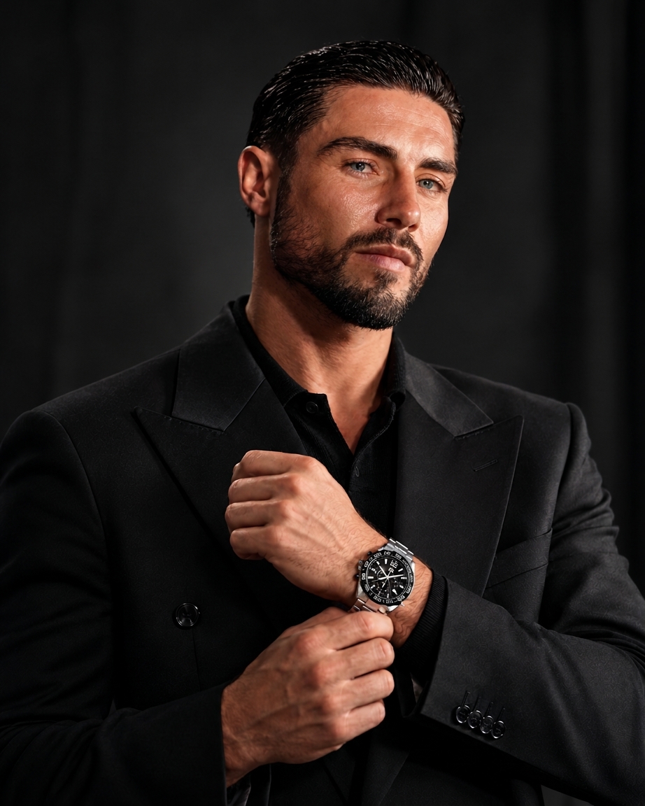 Josh Kelly in a black double-breasted suit with peak lapels, hands raised at the cuff and a steel chronograph watch on his wrist, against a dark studio backdrop